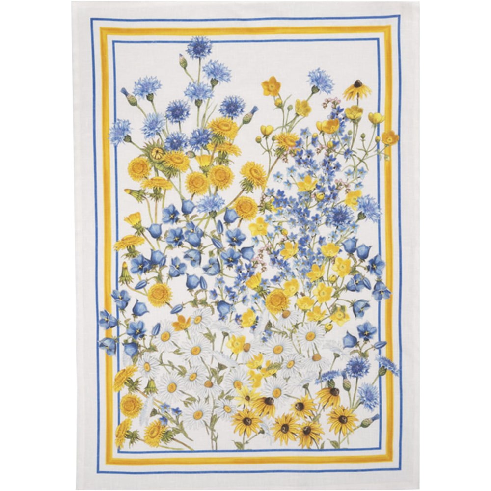 Italian Blue & Yellow Daises Linen Tea Towel